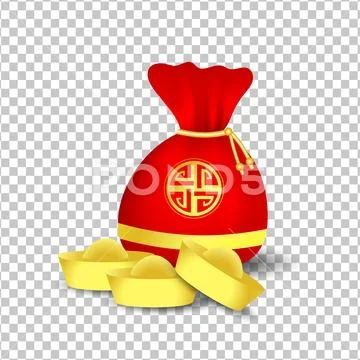 Red bag for Chinese New Year and golden coins isolated on white transparent b Stock Illustration