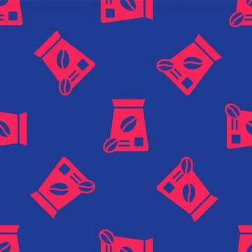 Red Bag of coffee beans icon isolated seamless pattern on blue background Stock Illustration