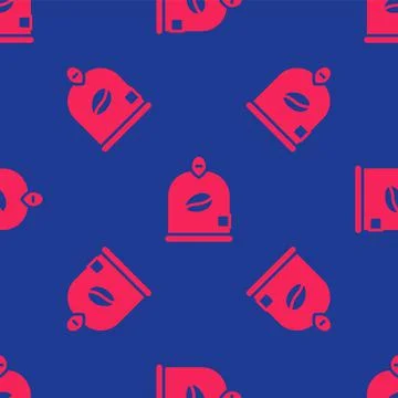 Red Bag of coffee beans icon isolated seamless pattern on blue background.  V 库存插图