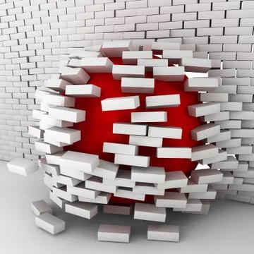 Red ball moving through brick wall Stock Illustration