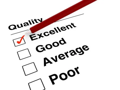 Red ball pen setting a mark at excellent on quality checklist Illustrazione stock