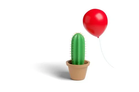 Red balloon dangerously close to the thorns of a cactus. 3d illustration. Stock Illustration