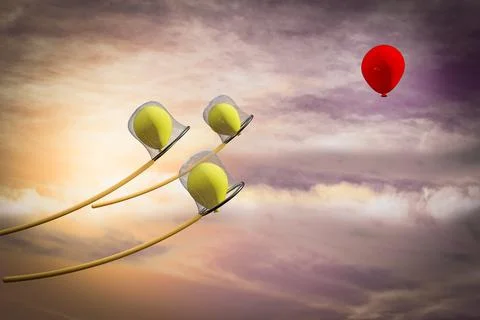 Red balloon escapes from the nets demonstrating competitive advantage corpora Stock Illustration