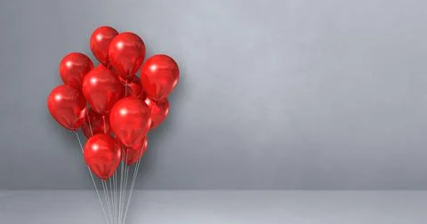 Red balloons bunch on a grey wall background. Horizontal banner. Stock Illustration