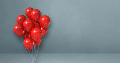 Red balloons bunch on a grey wall background. Horizontal banner. Illustrazione stock