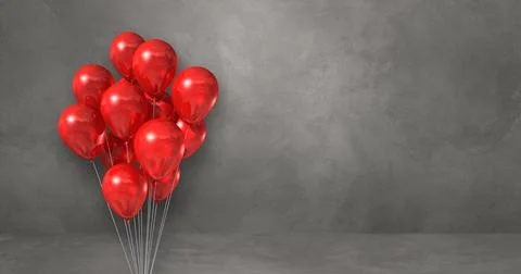 Red balloons bunch on a grey wall background. Horizontal banner. Stock Illustration