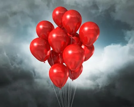 Red balloons on a cloudy dramatic sky Stock Illustration