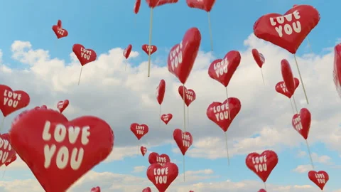 Red balloons ws heart shape flies high to blue sky Stock Footage 101650290