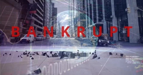 Red BANKRUPT text hovering over road, dark sphere hitting, breaking into shards Stock Footage 328583855