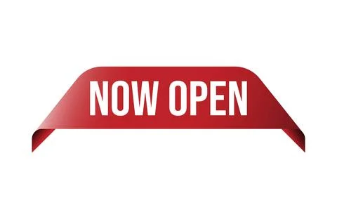 Red banner now open isolated on white background. Stock Illustration