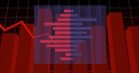 Red bar chart and fluctuating line graph image over grid background 스톡 일러스트
