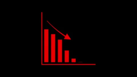 Red bar chart with downward arrow representing financial loss and recession Stock Footage 330498360