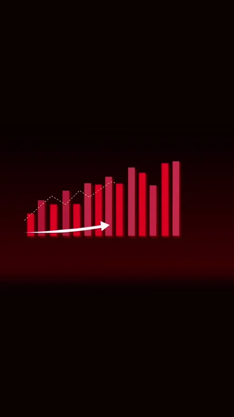 Red Bar Chart with Downward Trend Arrow and Dotted Line Graph on Dark Backg.. Stock Footage 321725382
