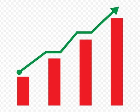Red bar chart with rising green arrow. Financial growth graph showing business. Stock Illustration