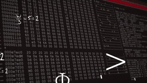 Red bar flickering triggers terminal scrolling hex as math symbols highlighting 스톡 동영상 313588308