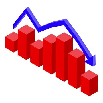 Red bar graph decreasing with blue arrow representing a loss in business Stock Illustration