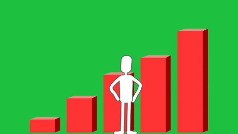 Red Bar Graph with Simple Character (Green Screen):  Loop + Matte Stock Footage 97123219