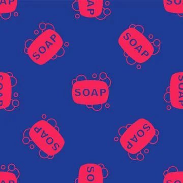 Red Bar of soap icon isolated seamless pattern on blue background. Soap bar w Stock Illustration