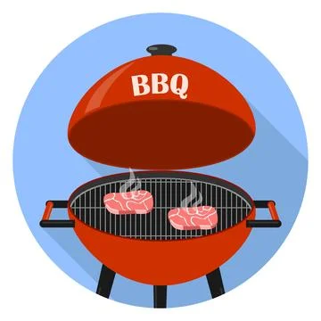 Red barbecue kettle grill flat icon with steaks on round blue background Stock Illustration