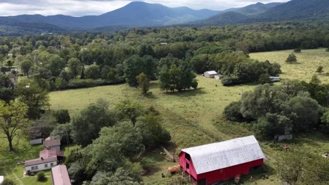 Red Barn and Pasture Beneath Nellysford Mountain Ridges Stock Footage 346799761
