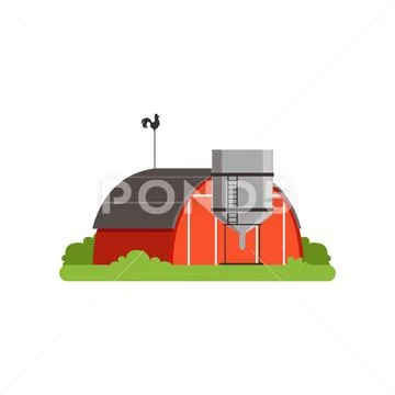 Red barn and silo tower, farm building, countryside life object vector Stock Illustration
