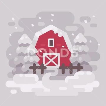 Red barn building with fir trees in a snowy winter landscape. White winter ba Stock Illustration