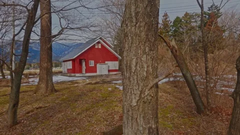 Red Barn Framed by Bare Trees With Mountain Backdrop — Rural Japan Late Winter Stock Footage 336387732