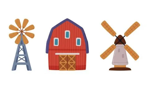 Red barn, mill and windmill set. Traditional agricultural rural objects cartoon Stock Illustration