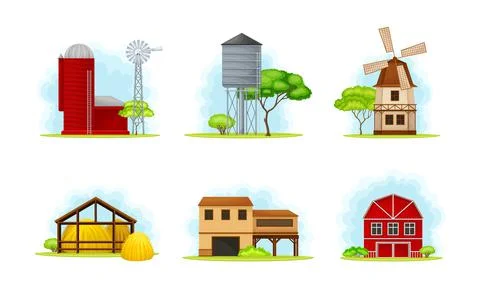 Red Barn, Mill for Flour Grounding and Granary for Crop Storage Vector Set Stock Illustration