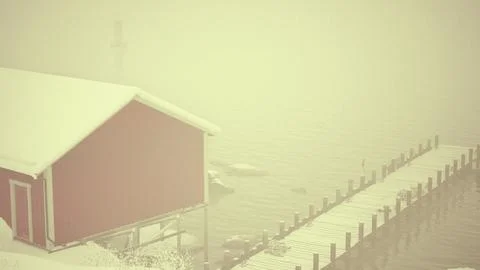 Red Barn on Snow-Covered Pier in Norwegian Sea Stock Illustration