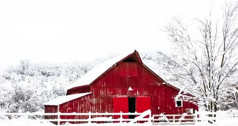 Red Barn in Winter Stock Photos