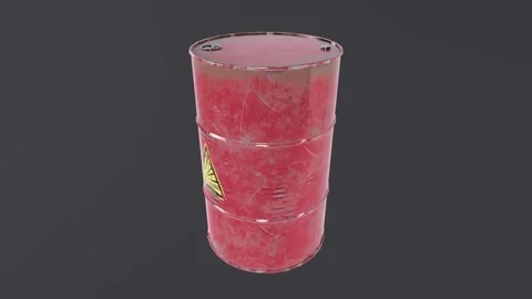 Red barrel with warning symbol found in an abandoned industrial area Stock Footage 283234229