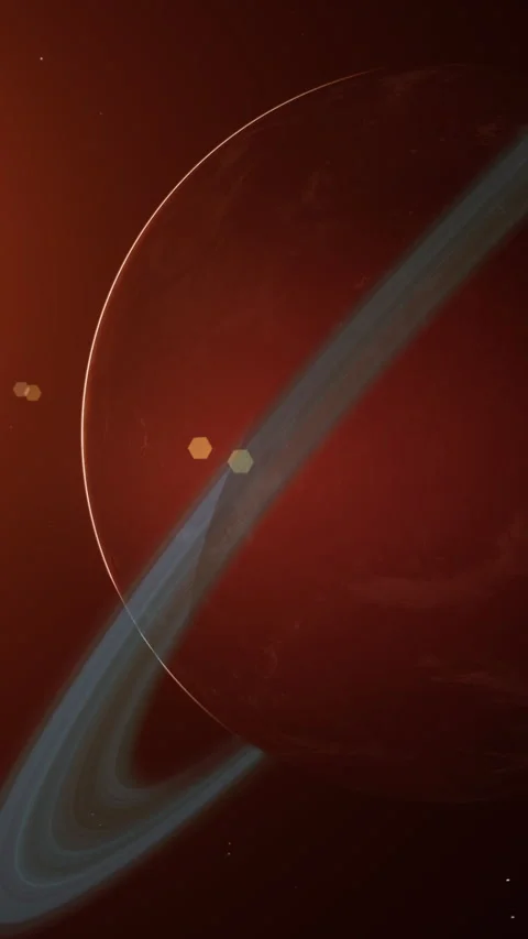 Red Barren Mars-Like Planet with Rings against Star Sunlight in Space Close.. Vídeo Stock 257250809