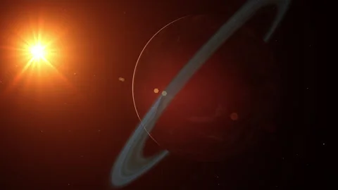 Red Barren Mars-Like Planet with Rings against Star Sunlight in Space Close.. Stock Footage 257251265