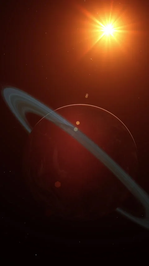 Red Barren Mars-Like Planet with Rings against Star Sunlight in Space Close.. Stock Footage 257251830