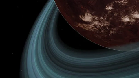 Red Barren Mars-Like Planet with Thin Atmosphere and Rings in Space Close Sho Vídeo Stock 257250268