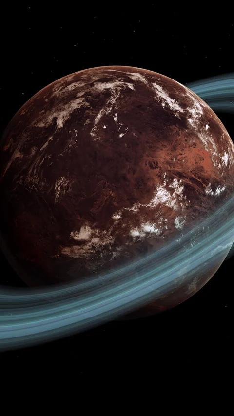 Red Barren Mars-Like Planet with Thin Atmosphere and Rings in Space Wide Shot 스톡 동영상 257250287