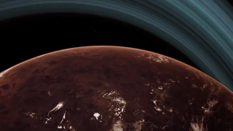 Red Barren Mars-Like Planet with Thin Atmosphere and Rings in Space Close Sho Stock Footage 257250421