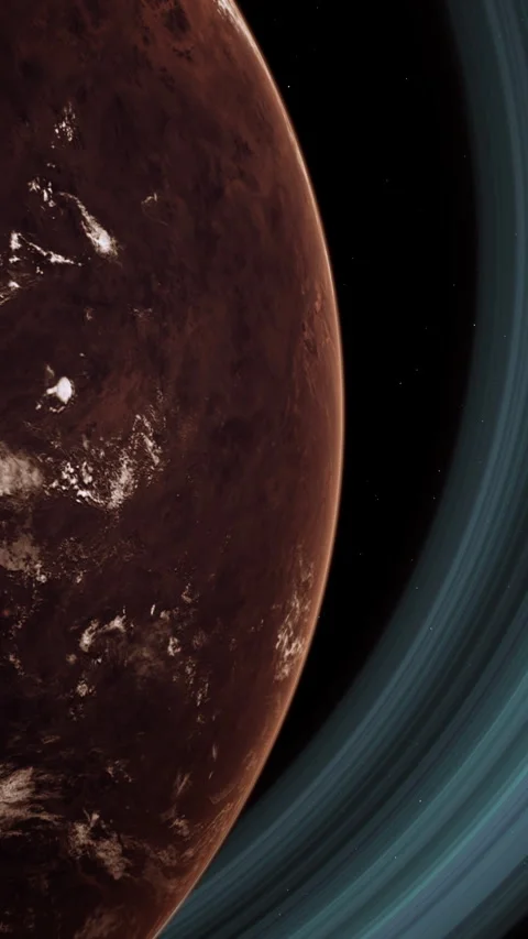 Red Barren Mars-Like Planet with Thin Atmosphere and Rings in Space Close Sho Stock Footage 257250608