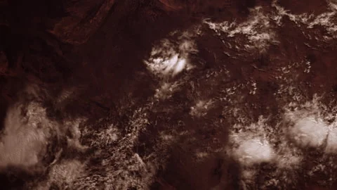Red Barren Mars-Like Planet with Thin Atmosphere and Rings in Space Close Sho Stock Footage 257250720