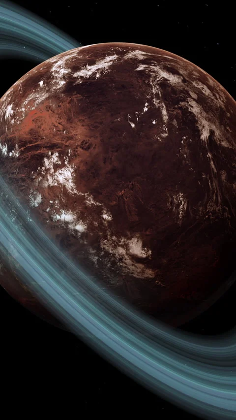 Red Barren Mars-Like Planet with Thin Atmosphere and Rings in Space Wide Shot Stock Footage 257250753