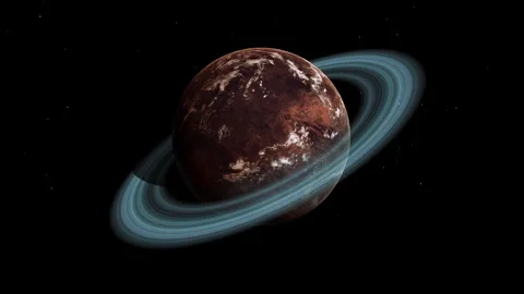 Red Barren Mars-Like Planet with Thin Atmosphere and Rings in Space Wide Shot Stock Footage 257251202