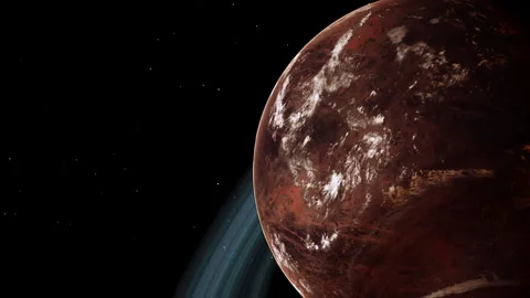 Red Barren Mars-Like Planet with Thin Atmosphere and Rings in Space Close Sho Stock Footage 257251250