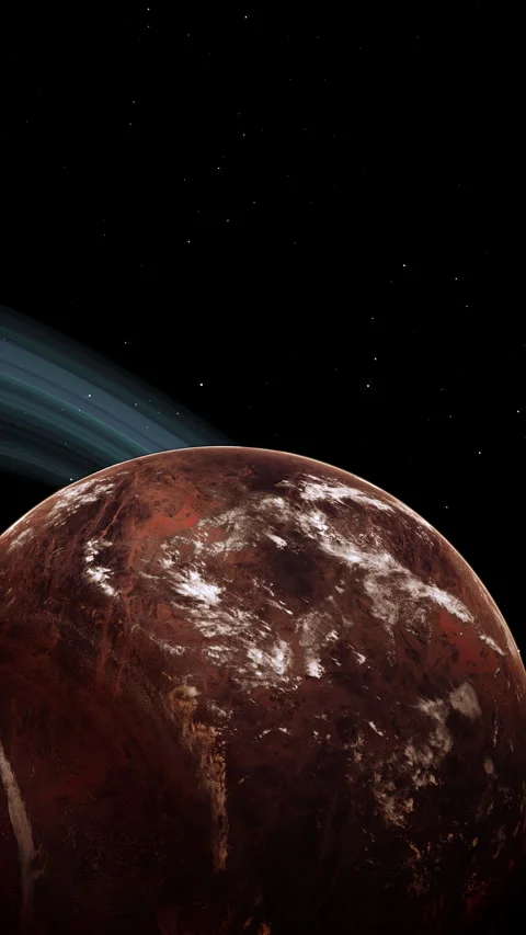 Red Barren Mars-Like Planet with Thin Atmosphere and Rings in Space Close Sho Stock Footage 257251506