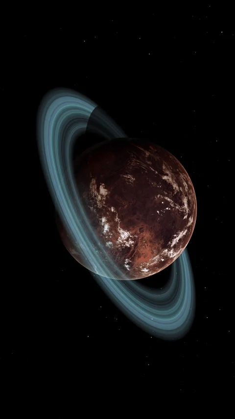 Red Barren Mars-Like Planet with Thin Atmosphere and Rings in Space Wide Shot Stock Footage 257251833