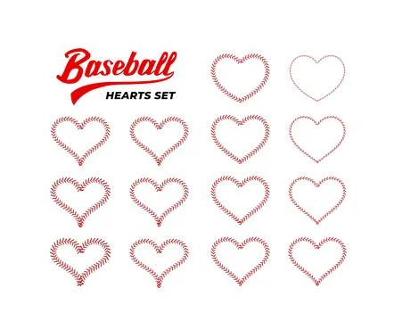 Red Baseball Stitch Heart Frame Set. Vector illustration on white Stock Illustration