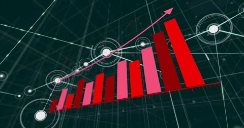 Red baseline appearing, 3D bar chart rising with connecting line and nodes, Stock Footage 333904397