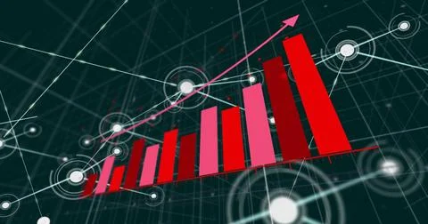 Red baseline appearing, 3D bar chart rising with connecting line and nodes, Stock Illustration