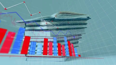 Red baseline appearing, bars rising and lines tracing nodes across open book to Stock Footage 335211864