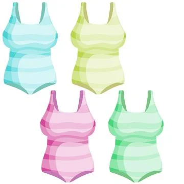 Red bathing suit. Set of color Women beachwear. Flat cartoon illustration Stock Illustration